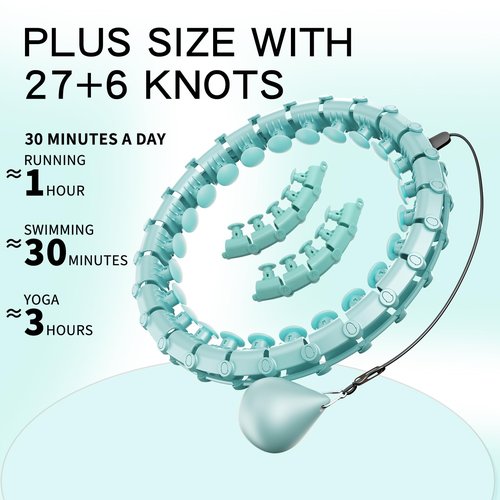 Coolboss Weighted Workout Hula Circle 33 Knots Infinity Hoola Fit Hoop Plus Size for Adult Weight Loss - Smart Exercise Waist Ring, Detachable & Adjustment Silent Fitted Equipment Cyan