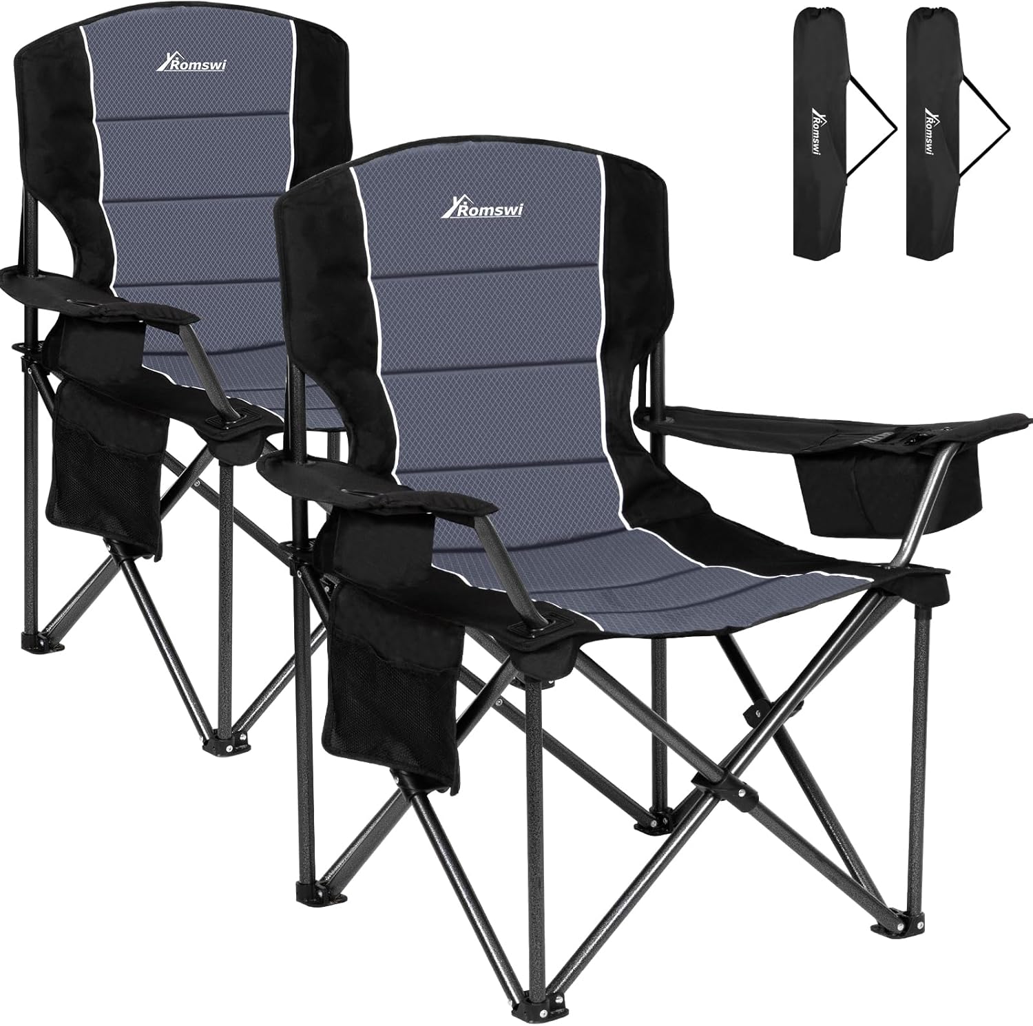 Romswi Oversized Camping Chairs - Heavy Duty 500 LBS Support | Padded Back & Arm, Black, 2-Pack