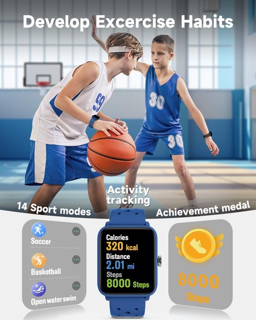 BIGGERFIVE Smart Watch for Kids - Fitness Tracker with Heart Rate Monitor & 5ATM Waterproof | Porous Blue
