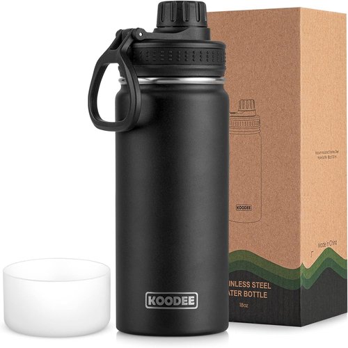 Koodee Insulated Water Bottle - 18 oz Stainless Steel Double Wall Vacuum | Leakproof Spout Lid (Black)