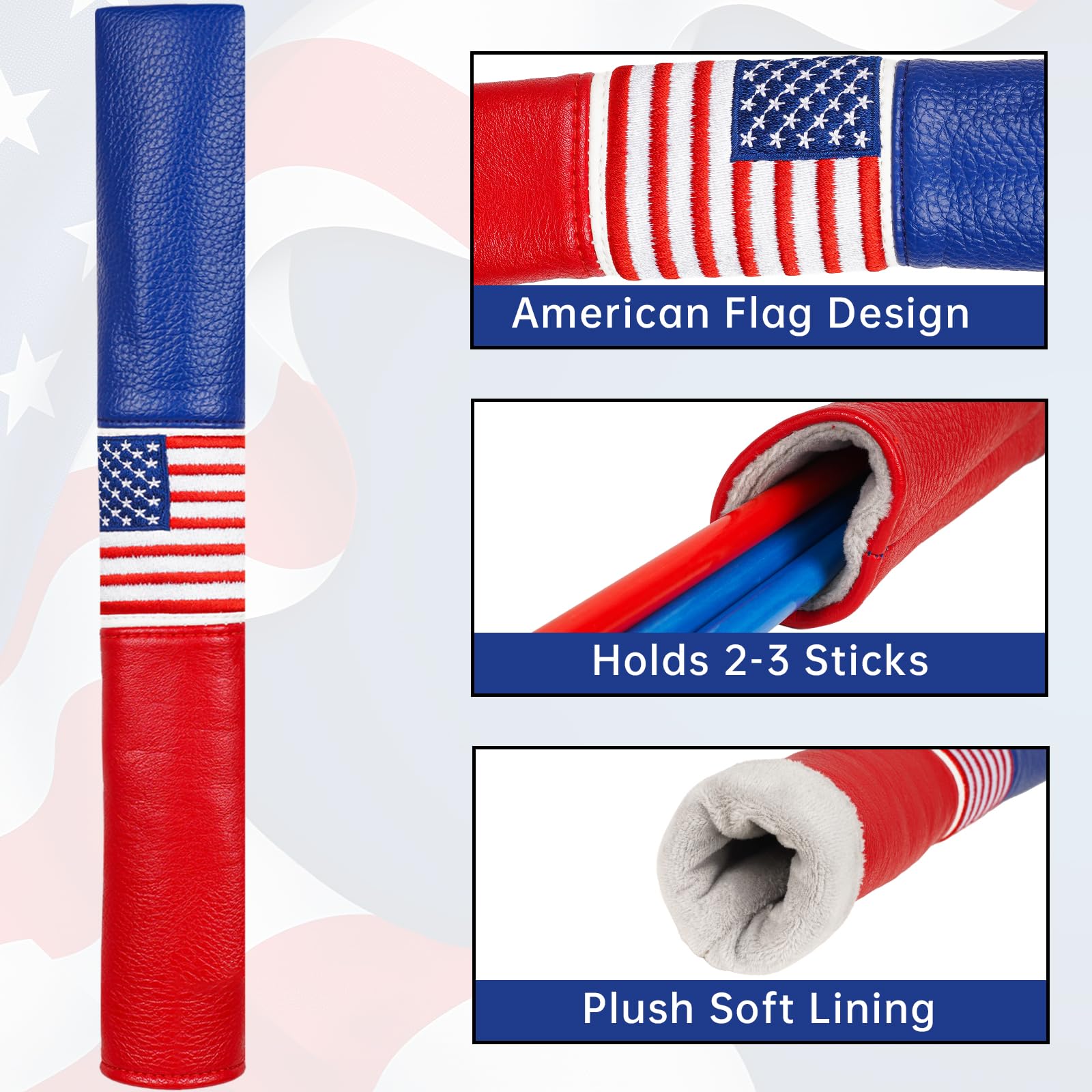 USA Golf Alignment Stick Headcover Synthetic Leather Holds 2-3 Sticks, Cover for Alignment Sticks Embroidered Flag Red/Blue/White