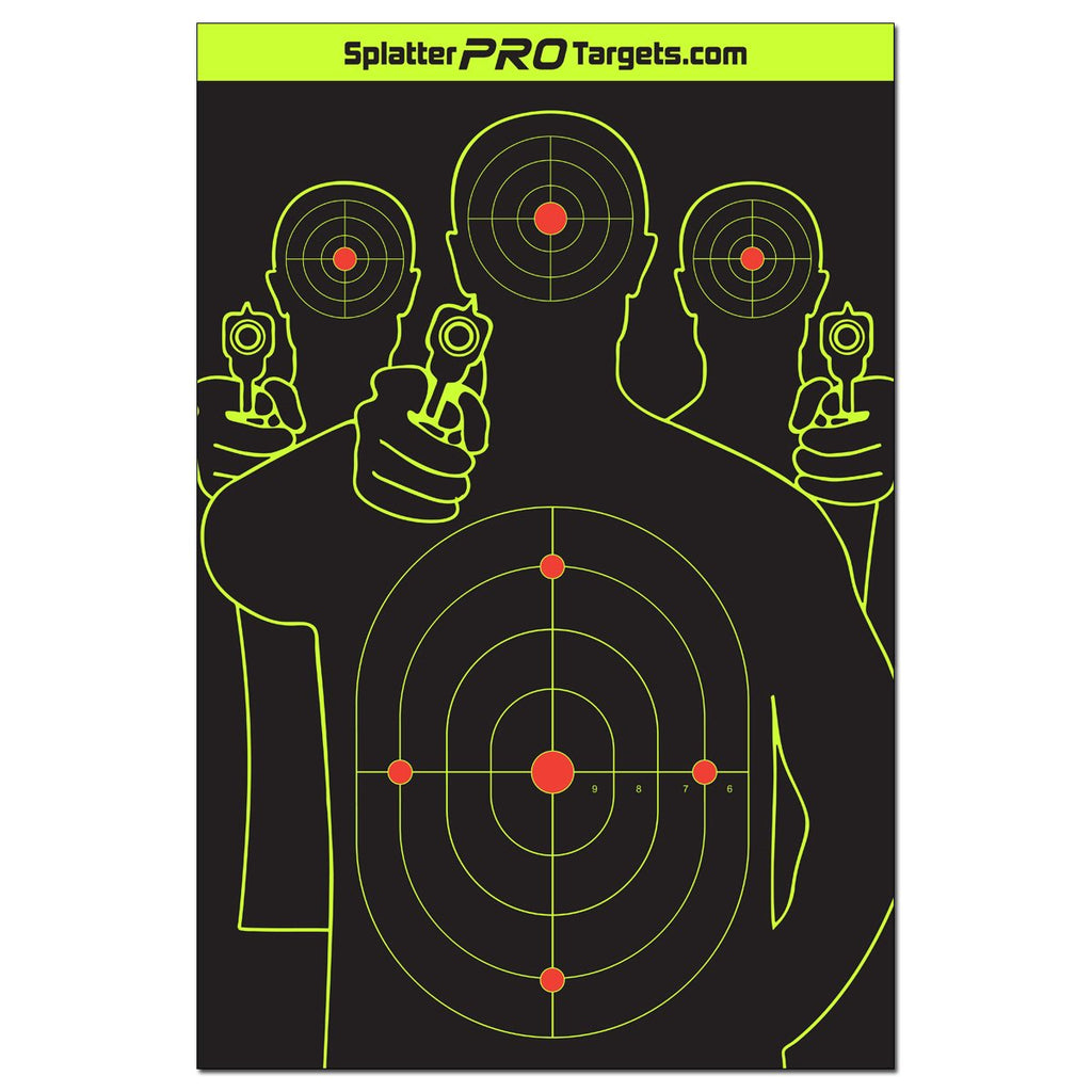 12x18 Splatter Targets. Fully Reactive Targets. See Your Hits and Your Misses! Shots Burst with a Bright Splatter Upon Impact. Instantly See Your Shots. Printed on a Heavy Duty Card Stock.