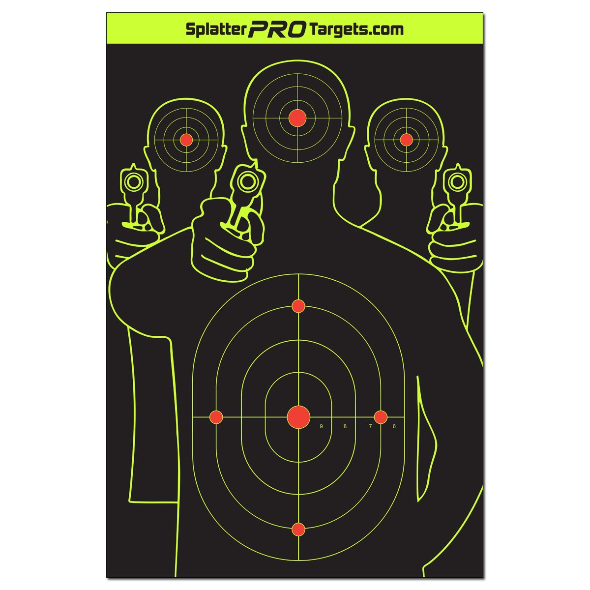 12x18 Splatter Targets. Fully Reactive Targets. See Your Hits and Your Misses! Shots Burst with a Bright Splatter Upon Impact. Instantly See Your Shots. Printed on a Heavy Duty Card Stock.