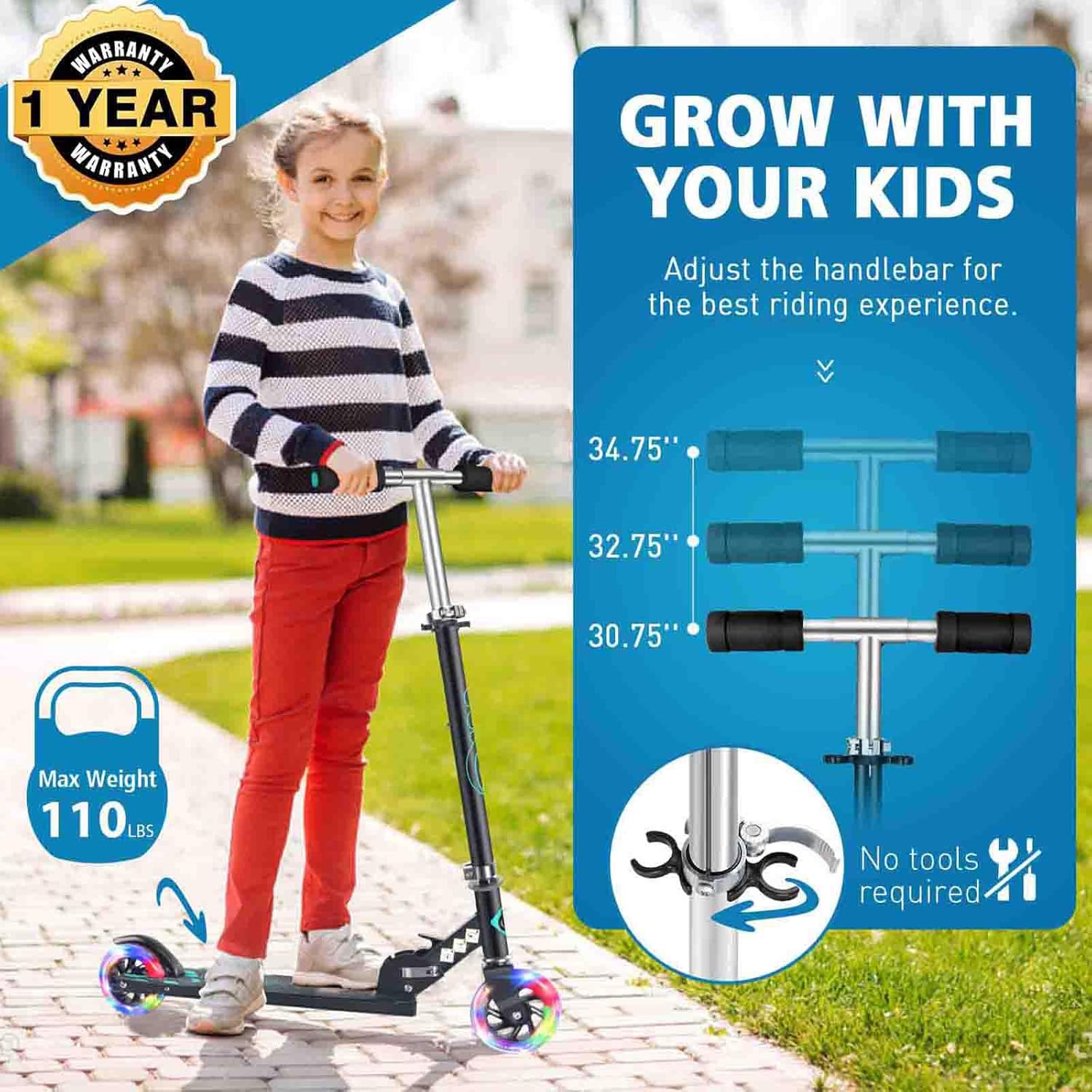 BELEEV V1 Kids Scooter - 2-Wheel Folding Kick Scooter with Light Up Wheels | Adjustable Height for Ages 3-12
