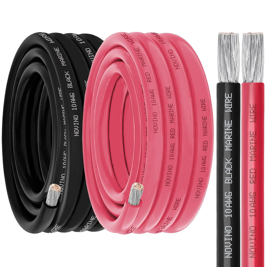 10 Gauge Marine Wire - 10 AWG Tinned Copper Electrical Cable for Boats & Automotive | 10FT Red & 10FT Black