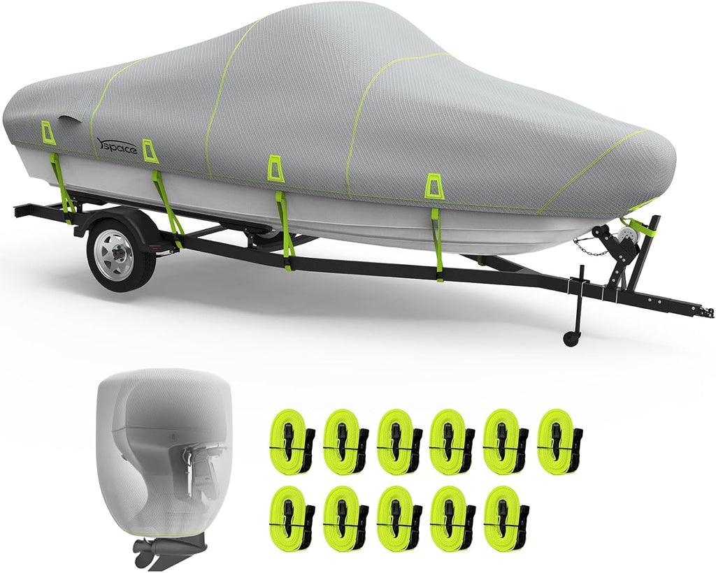 YSPACE Boat Cover - 17-19ft Heavy Duty Waterproof 1200D with Reflective Strips & Storage Bag | Fits V-Hull & Fishing Boats Up to 96" Wide