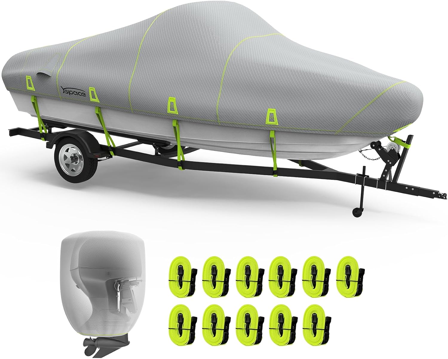 YSPACE Boat Cover - 17-19ft Heavy Duty Waterproof 1200D with Reflective Strips & Storage Bag | Fits V-Hull & Fishing Boats Up to 96" Wide