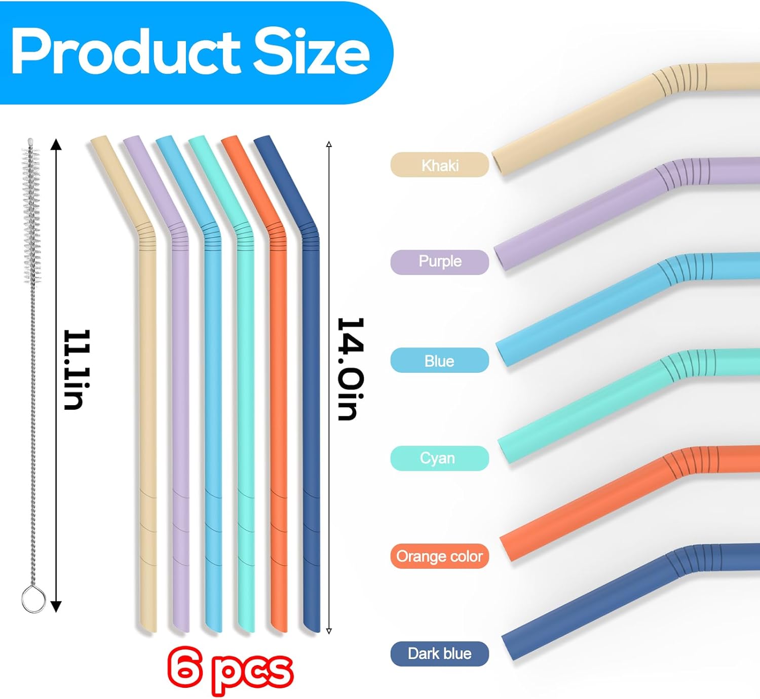 XANGNIER Extra Long Silicone Replacement Straws - 14” Pastel Color Straws for Stanley 40 oz Cup | 6 Pack with Cleaning Brush