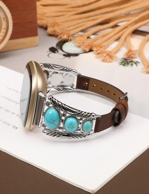 Minyee Leather Band Compatible with Fitbit Versa 4/Versa 3/Sense 2/Sense Band Women, Western Turquoise Boho Vintage Cowboy Retro Jewelry Adjustable Slim Replacement Wristband Strap for Versa 4
