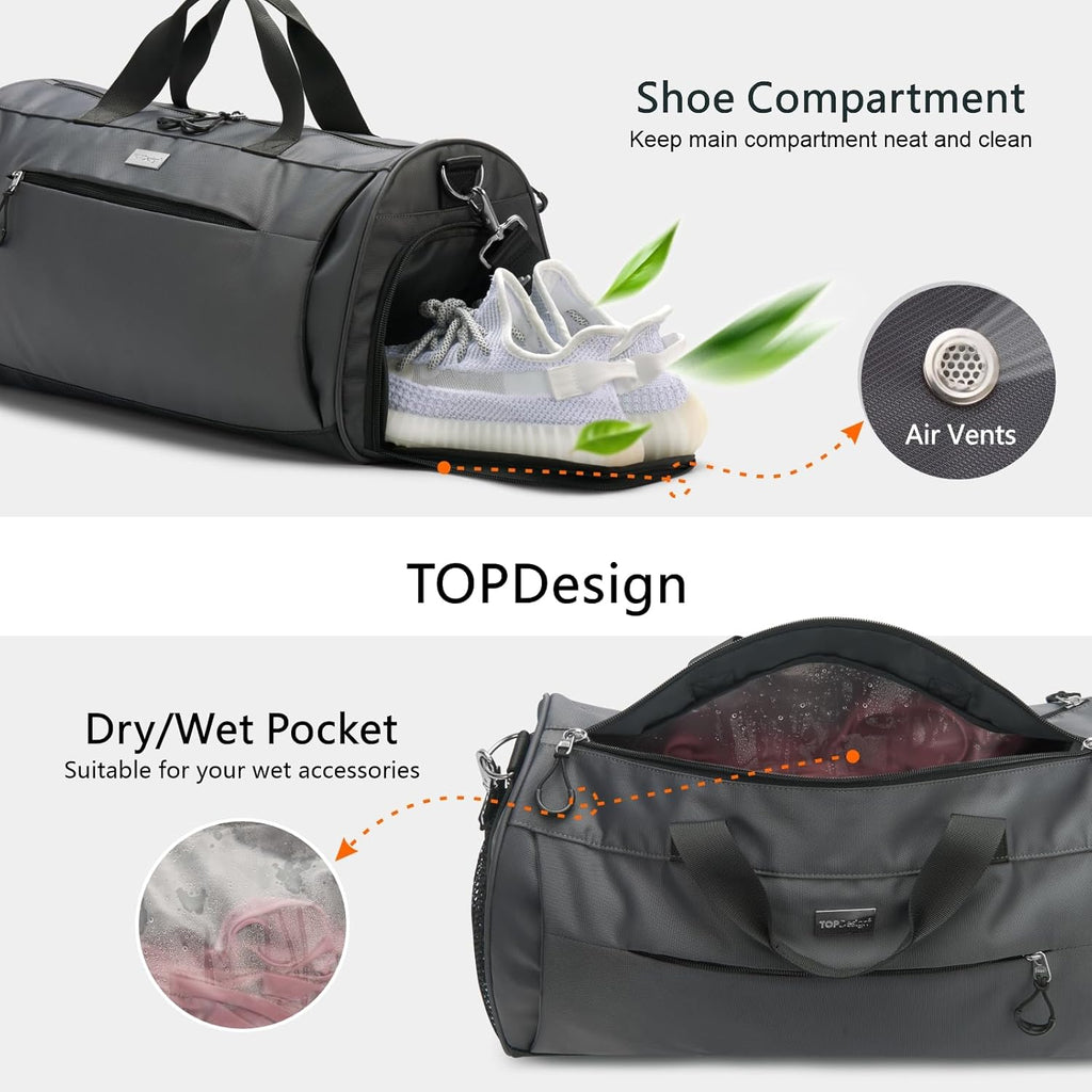 TOPDesign Gym Bag - Unisex Duffel with Shoe Compartment & Wet Pocket for Travel | Large Grey