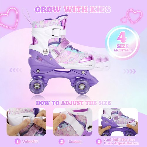 TOMSHOO Kids Roller Skates for Girls Toddlers Youth 4 Sizes Adjustable Quad Skates with Light up Wheels Children Skates for Indoor Outdoor (Heart Purple, Large)