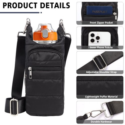 Water Bottle Holder with Strap Water Bottle Carrier Bag Quilted Puffer Sling Purse Crossbody Hydro Bag for Women Walking