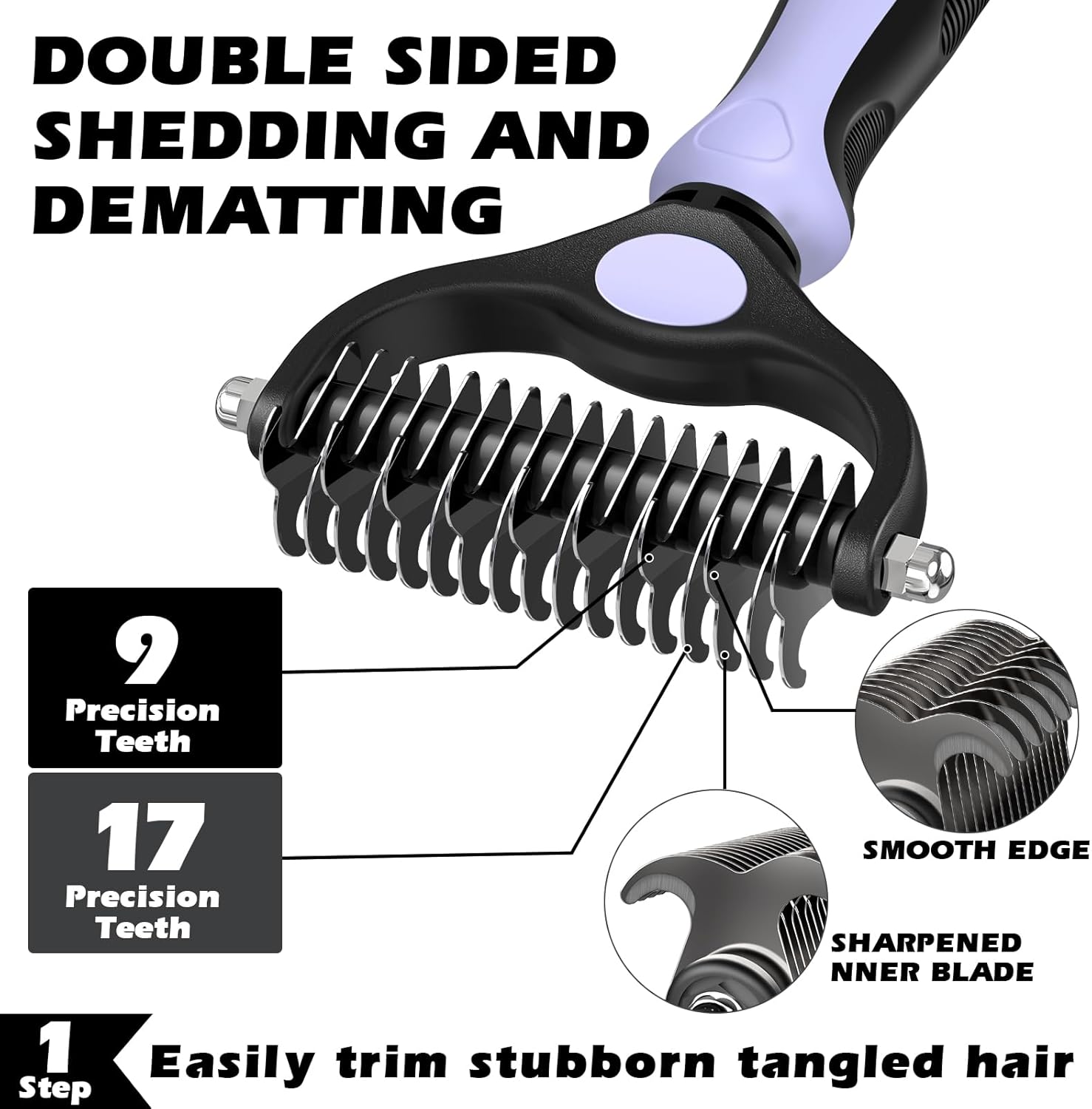 Skiennix Self-Cleaning Slicker Brush Set - Pet Grooming Rake & Flea Comb for Dogs, Cats, Horses | Light Purple