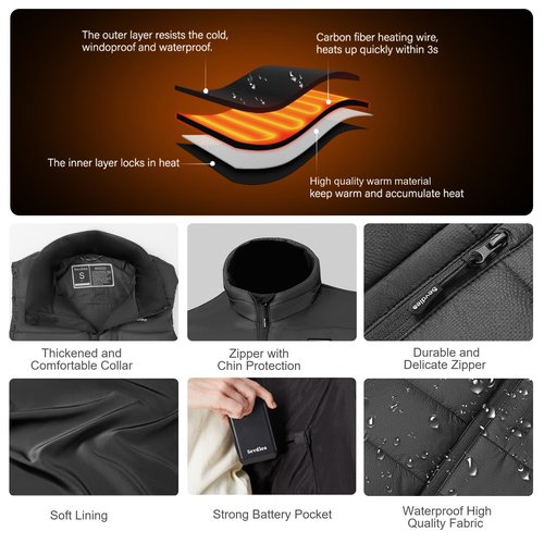 Sevdiea Heated Vest for Women with 16000mAh 7.4V Battery Pack Included，Warming Women's Heated Vest Electric Rechargeable-Black-L