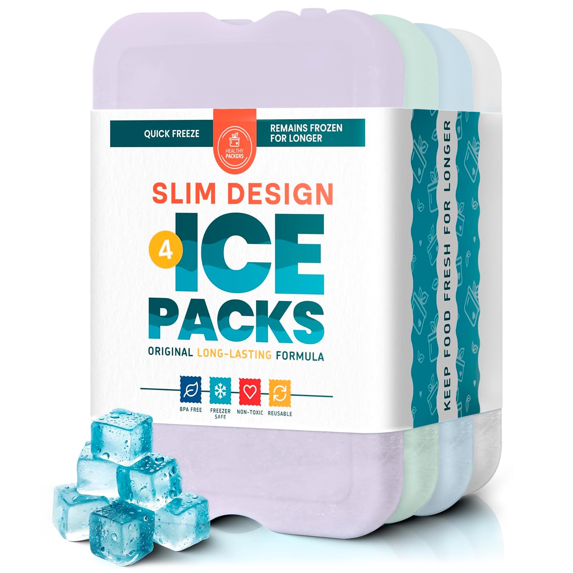 Healthy Packers Ice Packs for Lunch Boxes & Coolers – Pastel Slim Long-Lasting Reusable Gel Freezer Packs | Thin Ice Pack for Lunch Box | BPA-Free, Leak-Proof (4 Pack)
