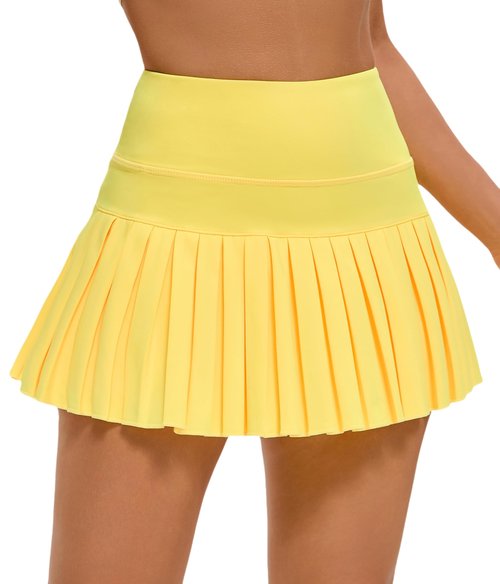 Yknktstc Women Pleated Tennis Skirt with Shorts High Waist Golf Skort Athletic Mini Skirt with Pockets Small Bright Yellow