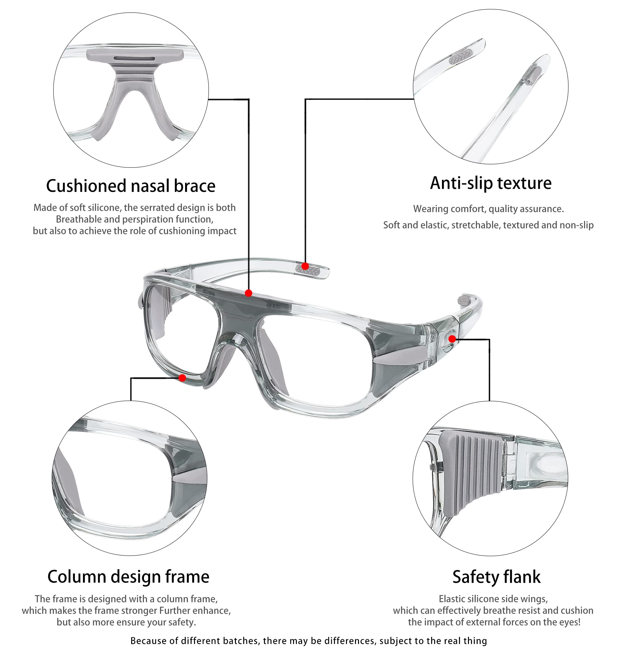 SooGree Sports Glasses, Basketball Football Soccer Racketball Goggles for Men & Women, Anti-Fog Safety Protective Eyewear （Grey frame Grey pads