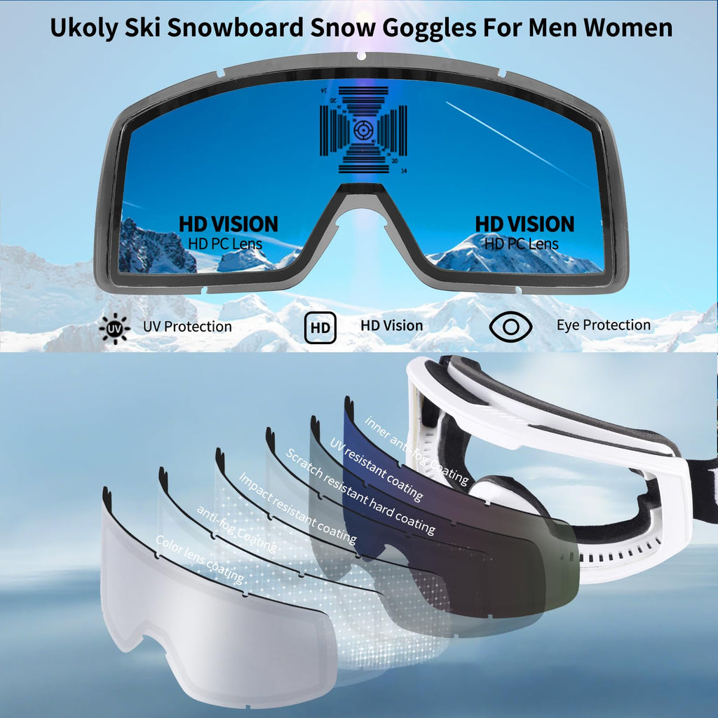 Ukoly Ski/Snowboard Goggles for Men Women, Snow Goggles HD Lens Anti-Fog Coating OTG Design UV400 Protection Windproof (White Frame Silver HD Lens)