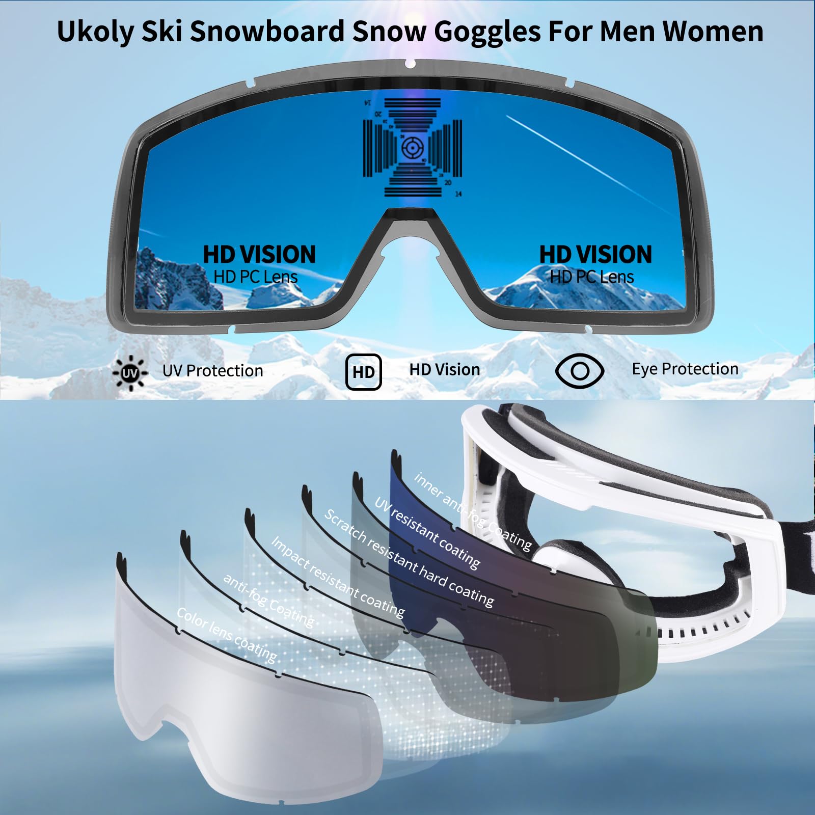 Ukoly Ski/Snowboard Goggles for Men Women, Snow Goggles HD Lens Anti-Fog Coating OTG Design UV400 Protection Windproof (White Frame Silver HD Lens)