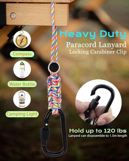 **Skiennix Heavy-Duty Locking Carabiner Clip - Detachable Paracord Lanyard for Camping & Hiking**