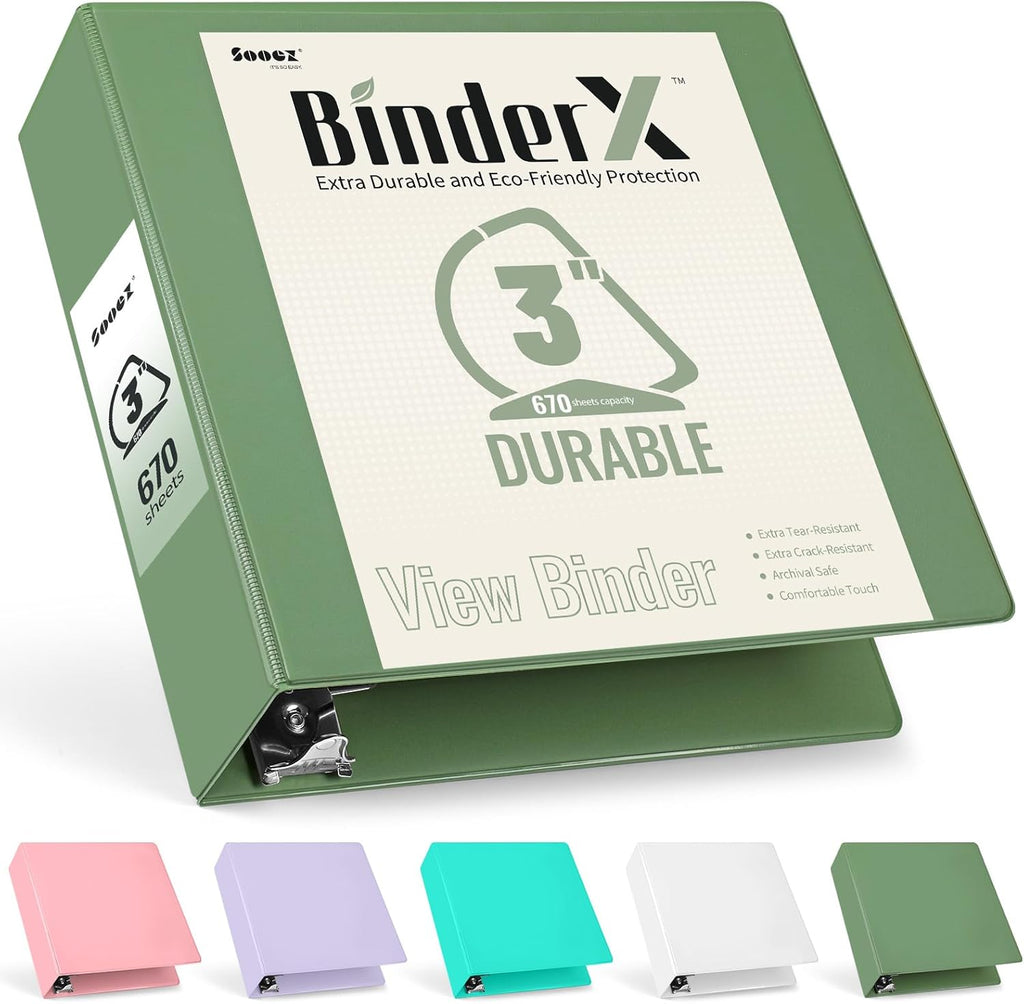 Sooez BinderX Extra Durable 3-Inch D-Ring Binder - Holds 670 Sheets | Customizable Olive Green Cover