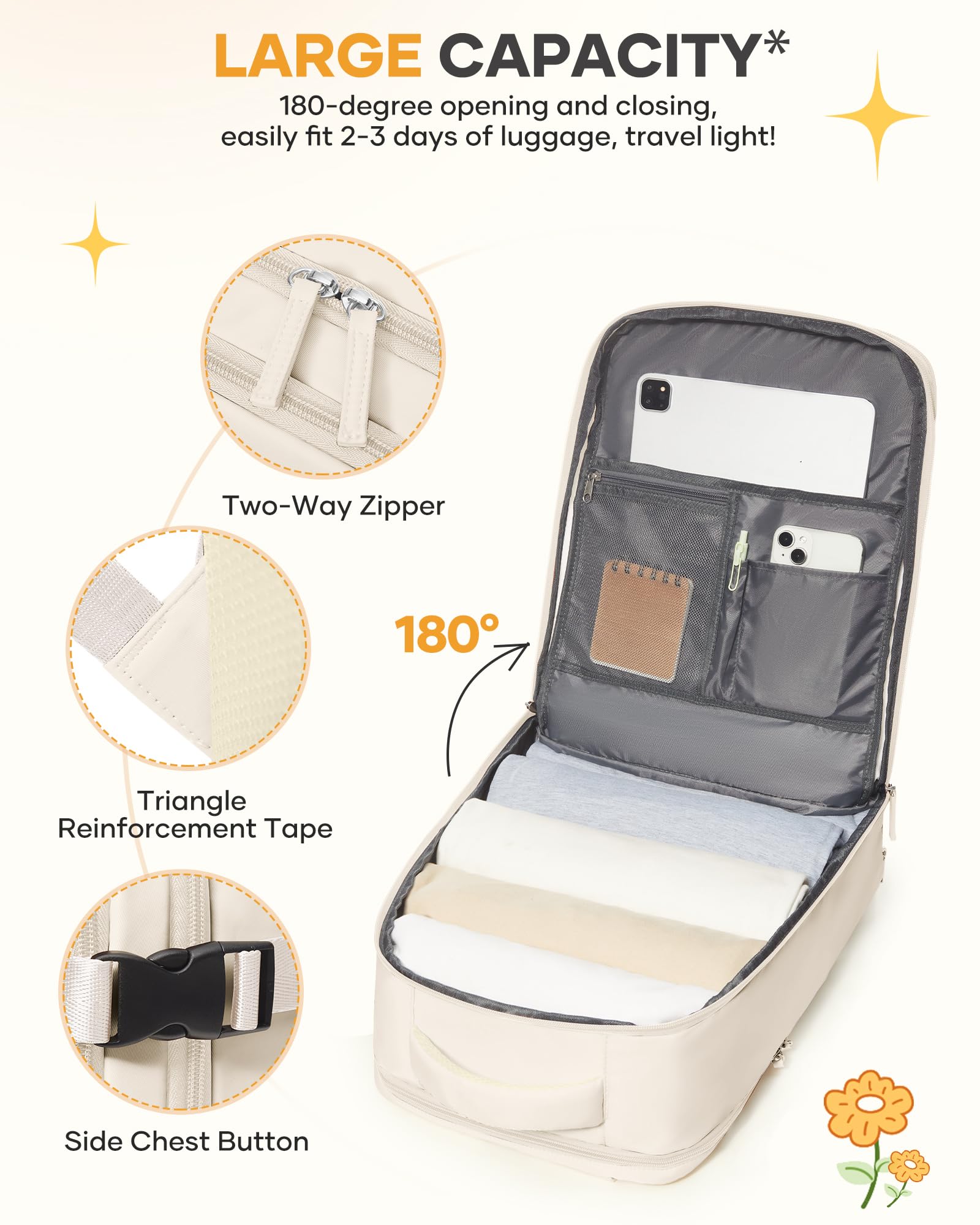 coofay Beige Travel Backpack For Women Men Airline Approved Personal Item Carry On Flight Approved Waterproof Backpack For Traveling On Airplane Weekender Travel Bag