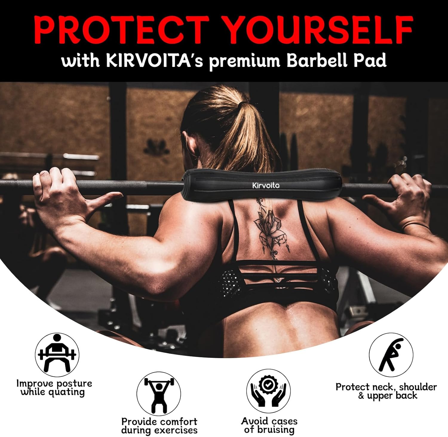Rubber Barbell Pad - Easy to Install Squat & Hip Thrust Pad for Heavy Weights | 15.5" x 3.5" x 3.5", Black