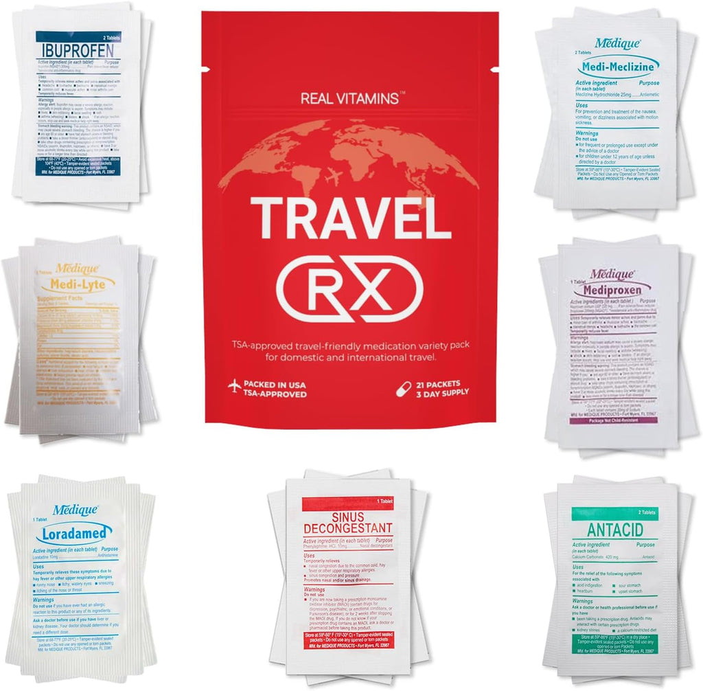 Travel RX Medicine Kit - Complete Travel Essentials for Indigestion & Motion Sickness | 1 Kit with Individually Wrapped Medications
