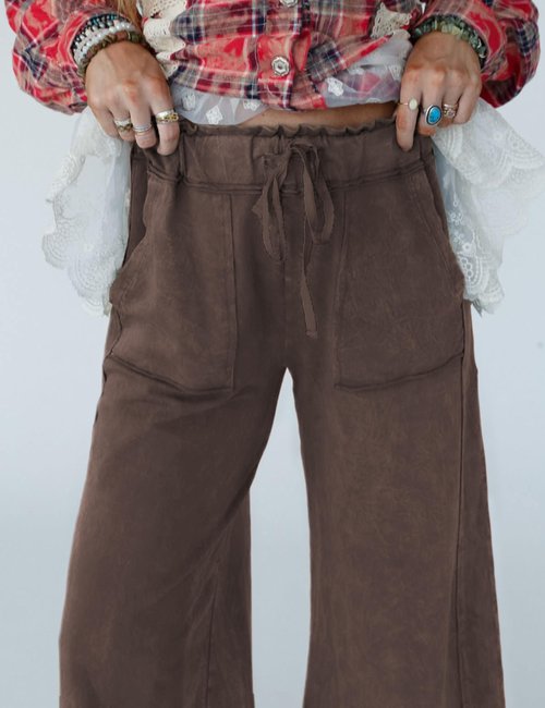 Athlisan Womens Casual Wide Leg Sweatpants Acid Wash Elastic Waisted Palazzo Pants Trousers with Pockets(Coffee-L)