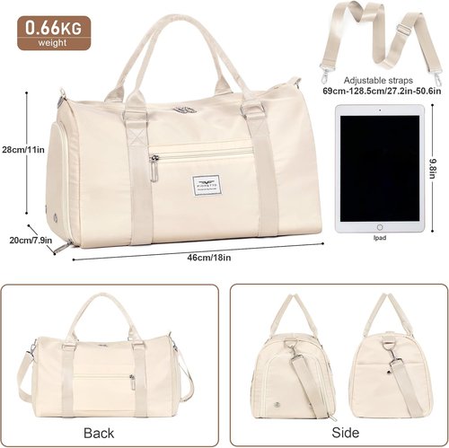 FIORETTO Women's Gym Tote Duffle Bag - Wet Pocket & Shoe Compartment | Beige Sports Weekender Bag