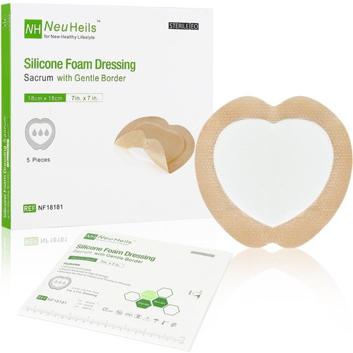 Sacrum Silicone Foam Dressing with Gentle Border for Sacral Ulcer, Pressure Ulcer, Butt Bed Sore, Size 7''x7'' (4.9''x5.3'' Pad), 5 Pack, High Absorbency Silicone Adhesive Wound Bandage by NeuHeils