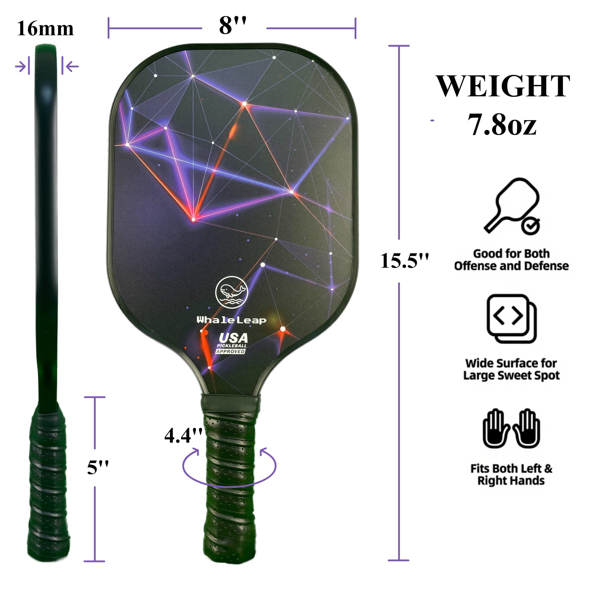 WhaleLeap Pickleball Paddles Set of 2, Fiberglass Face, Includes 4 Balls (2 Indoor & 2 Outdoor), Ergonomic Cushion Grip & Carry Bag - Complete Pickleball Set for Beginners & Adults