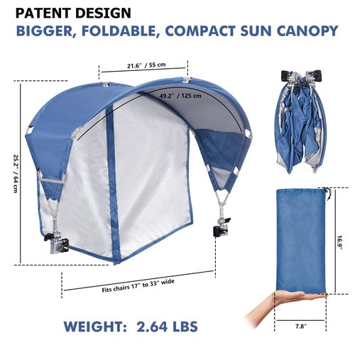 Universal Chair Umbrella Canopy, UPF 50+ Sun Shade with Adjustable Clamp, Fits Most Brands’ Beach, Camping, Lawn, Tanning, Zero Gravity, Lounge & Fishing Chairs, Patent Design