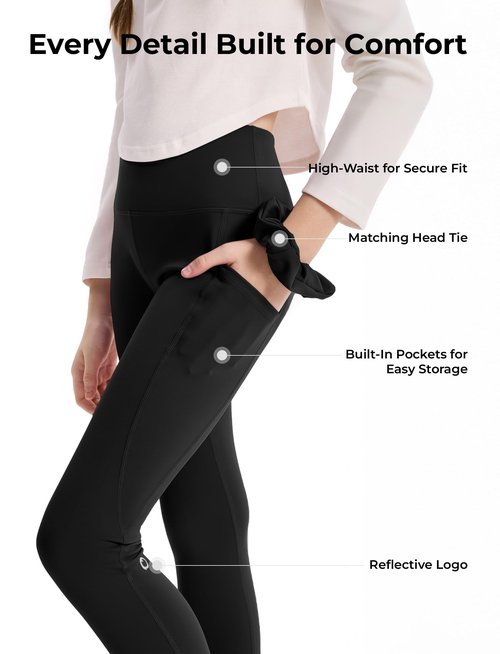PATPAT Girls Athletic Leggings with Pocket, Buttery-Soft & Ultra-Stretchy Yoga Pants for Running Dance Workout Casual, Skinny-Bottom (Regular), Black, US10/M