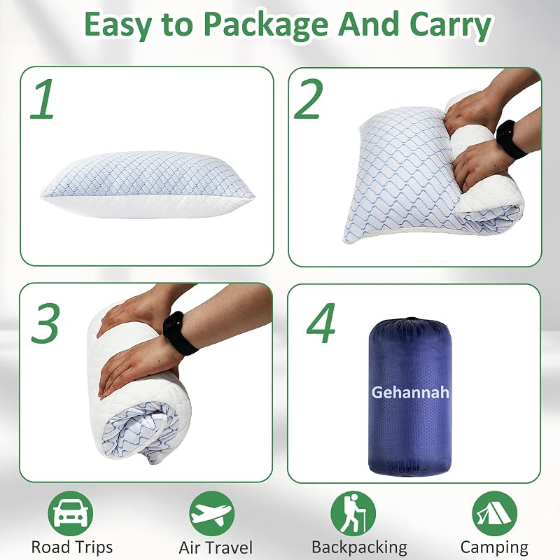 Travel Pillow - Small 2 Pack with Compressible Shredded Memory Foam (Blue White) and Storage Bag