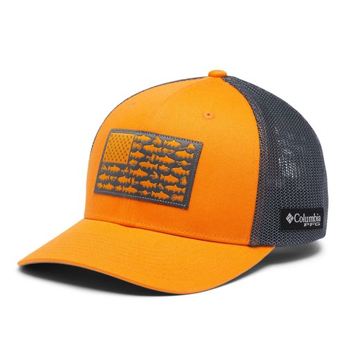 Columbia Unisex PFG Fish Flag Mesh Ball Cap - High, Orange Blast/City Grey/Trout Flag, Small/Medium