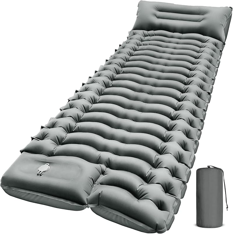 Ultralight Inflatable Sleeping Pad with Built-In Pillow, 78x27x3 in – Ultralight Camp Pad, Grey (Variation: Grey)