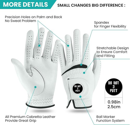 Cabretta Leather Golf Gloves for Men - Premium Soft Grip with Ball Marker | Comfortable Fit, Sizes S-XXL
