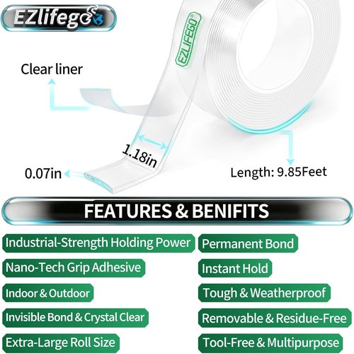 EZlifego Heavy-Duty Double-Sided Tape - Clear Nano Adhesive for Picture Hanging (9.85FT)