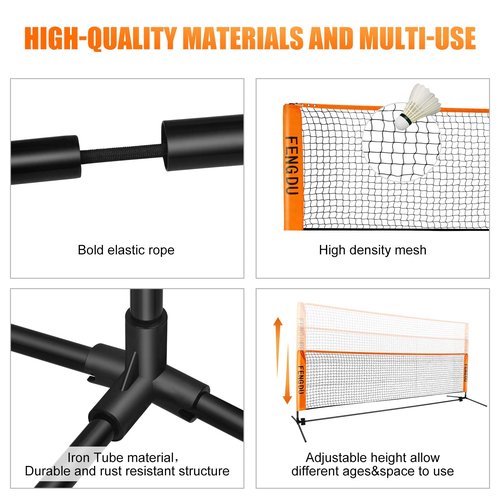 Portable Badminton Net Set, Adjustable Height Tennis Net, Kids Volleyball,Soccer Net Easy Setup Nylon Sports Net with Poles for Backyard, Indoor, Outdoor, Beach (Black/Orange, 10FT)