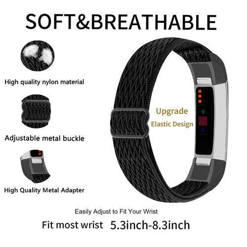 Adjustable Elastic Nylon Bands Compatible with Fitbit Alta and Alta HR Fitness Tracker, 2 Pack Braided Stretchy Wristband Accessory Bracelet Watch Strap Sport Replacement Band for Women Men (Wavy Black / Wavy Blue Purple)