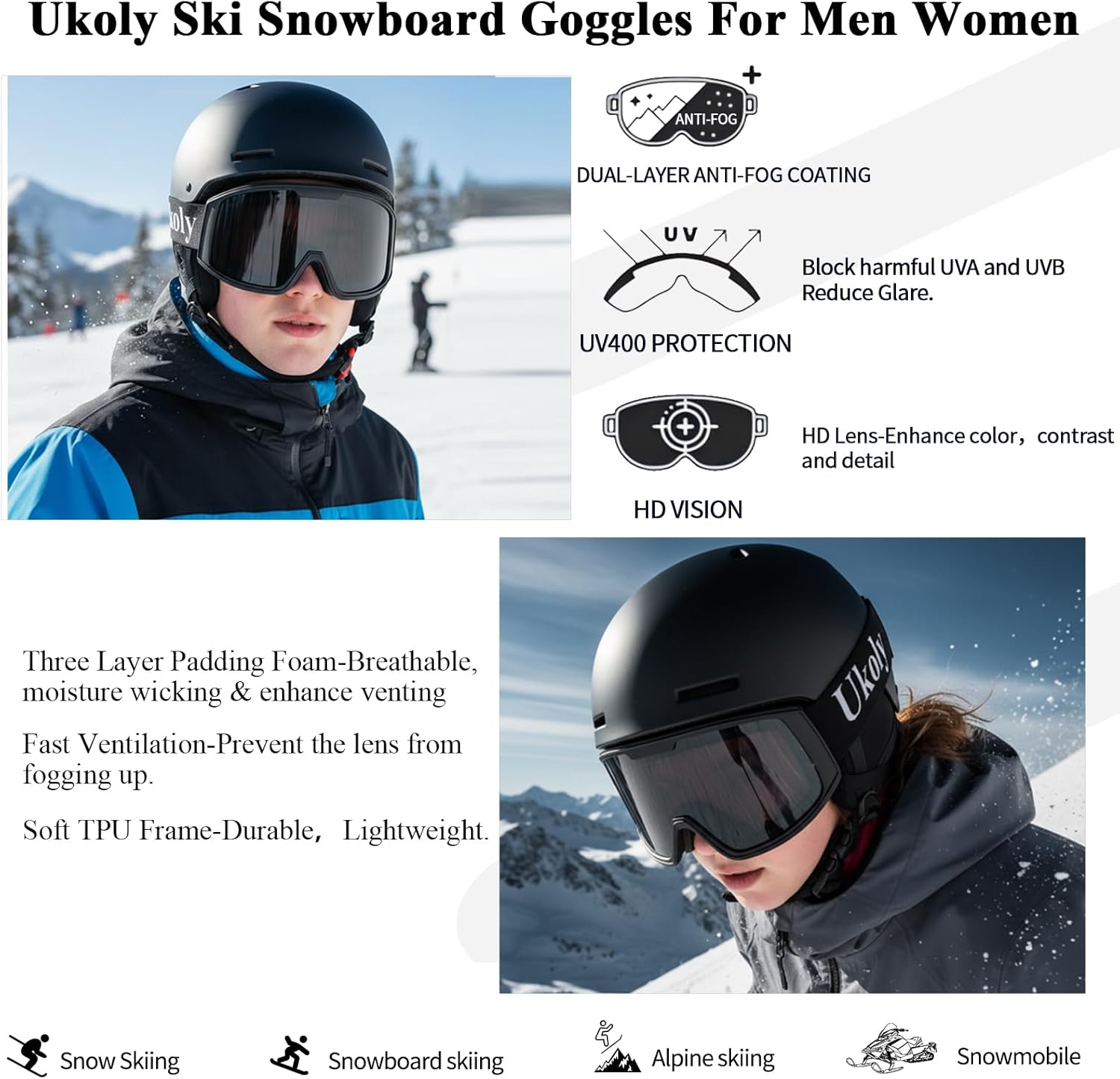 Ukoly Ski & Snowboard Goggles - HD Lens, Anti-Fog Coating, UV400 Protection | Unisex Design