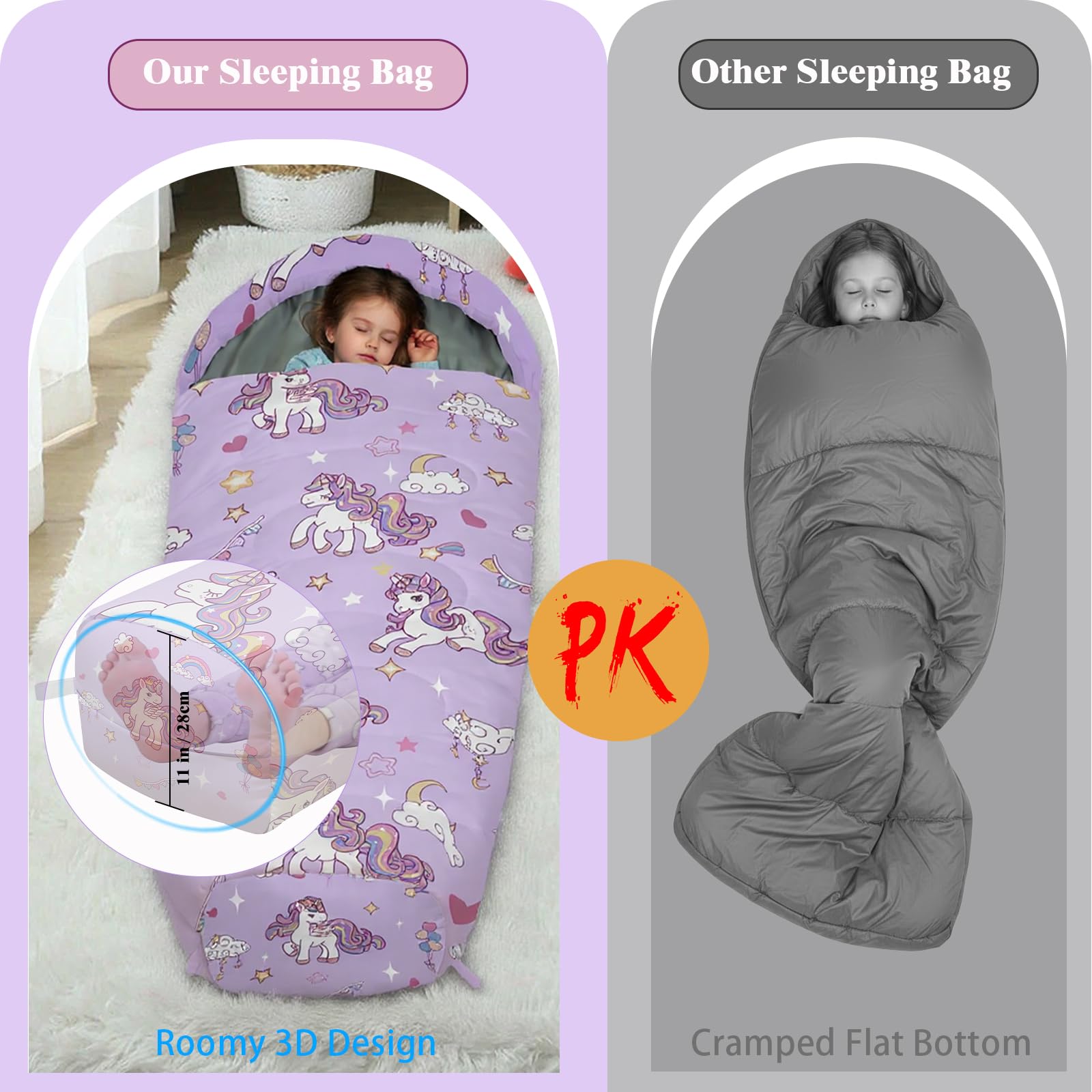 YOVOMEE Kids Sleeping Bag for Girls, 3 Season Sleeping Bag with Backpacking Bag, Warm & Cool Weather, Portable for Travel, Sleepovers, Indoor & Outdoor Camping, Machine Washable