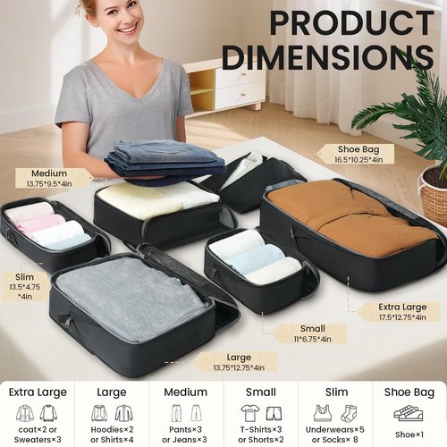 BAGAIL Compression Packing Cubes - Expandable Travel Organizers with Half Mesh Design | 6 Black Sets