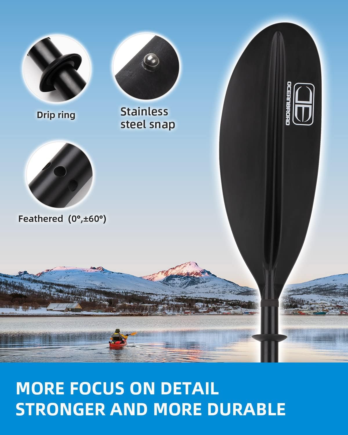 OCEANBROAD Kayak Paddle - Lightweight Alloy Shaft | 86in, 90.5in, 95in Options with Paddle Leash