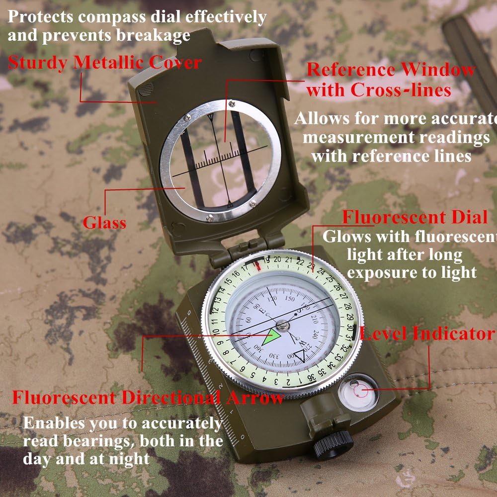 Sportneer Compass Hiking Survival Military Grade with Sighting Mirror + Tiny Portable Air Pump with Camping Light for Camping Hiking Outdoor