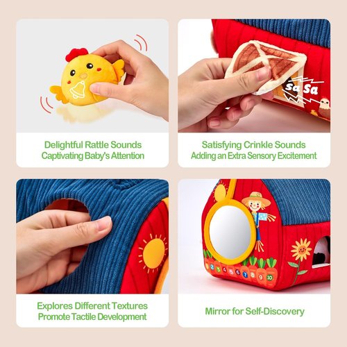 Hahaland Baby Toys - Surprise Barn Stuffed Farm Animals | Rattle, Crinkle & Mirror for 6-12 Months