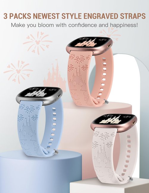 Girovo 3 Pack Cartoon Engraved Band Compatible with Fitbit Versa 4 Bands/Fitbit Versa 3 Bands/Sense/Sense 2 Band Women, Cute Soft Silicone Replacement Bracelet Sport Designer Fancy Strap for Versa 4