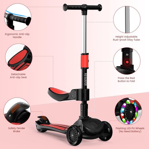 KickScoot 2-in-1 Adjustable Kick Scooter for Kids 3-12 | 5-Level Handlebar, Removable Seat & LED Wheels