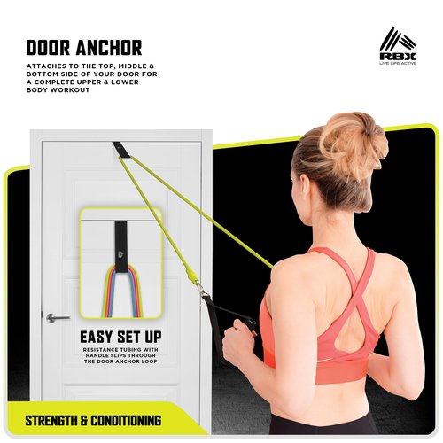RBX 6 Piece Home Gym Resistance Kit - Light, Medium, Heavy Resistance Bands, Grip Handles, Door Anchor, Ankle Strap & Carry Bag (Pink)